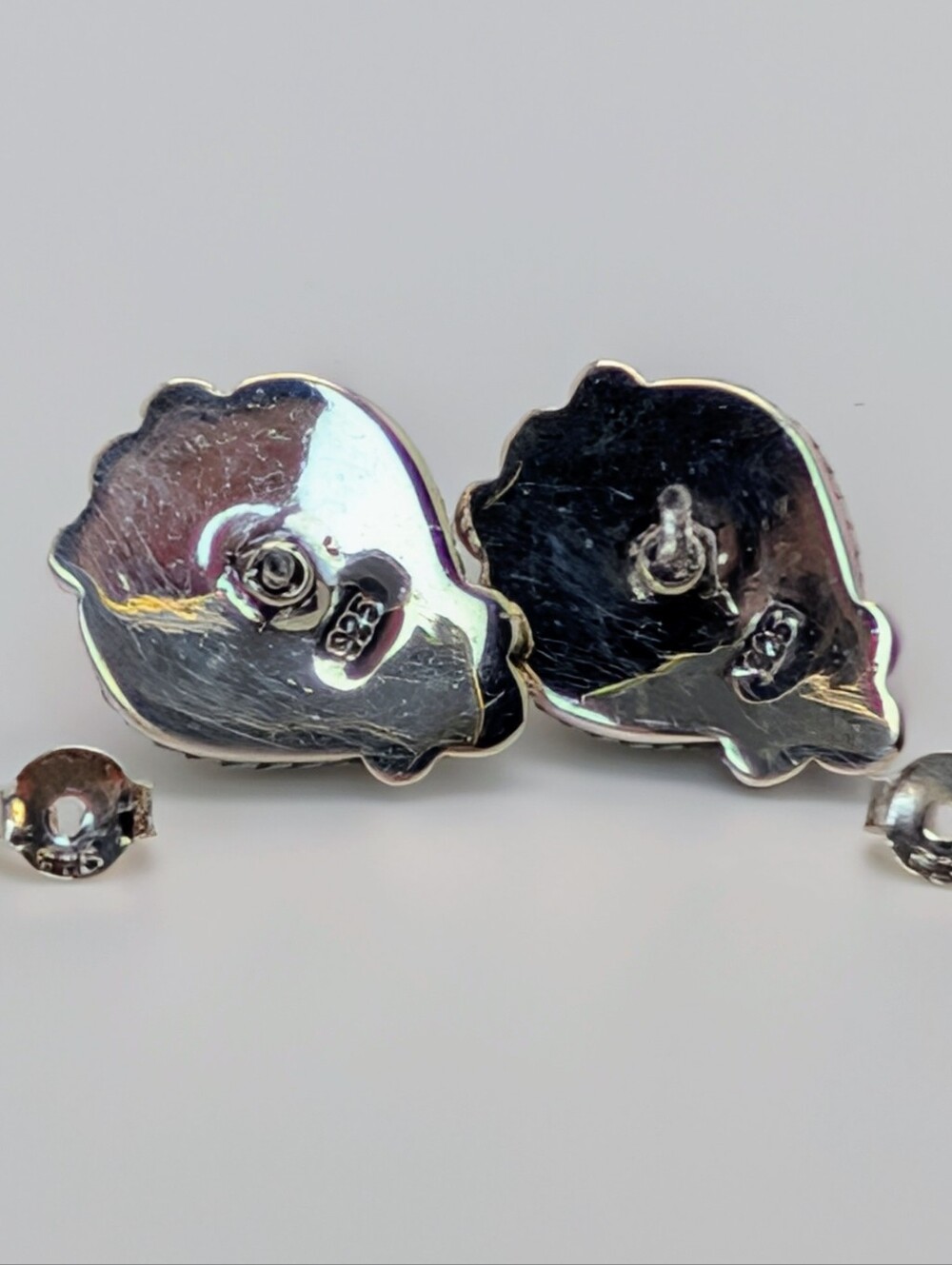 Pink Conch S925 Sterling Silver Heart Gemstone Stud Earrings - Picture 4 of 9